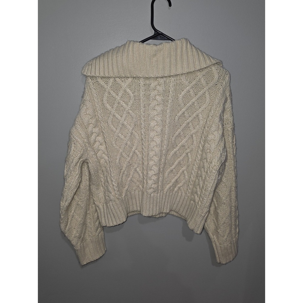 Pull&Bear Womens Cream Cable Knit Oversized Collar V-Neck Sweater Size Small